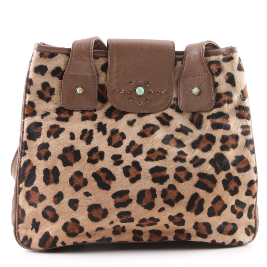 Tasha Polizzi Collection Brown Leather Shoulder Bag with Leopard Print Pony Hair