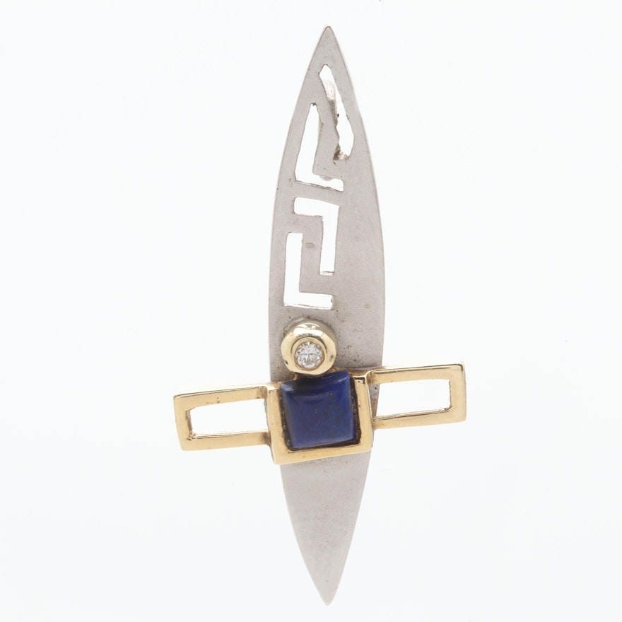 Contemporary 14K White and Yellow Gold Lapis Lazuli and Diamond Pendant