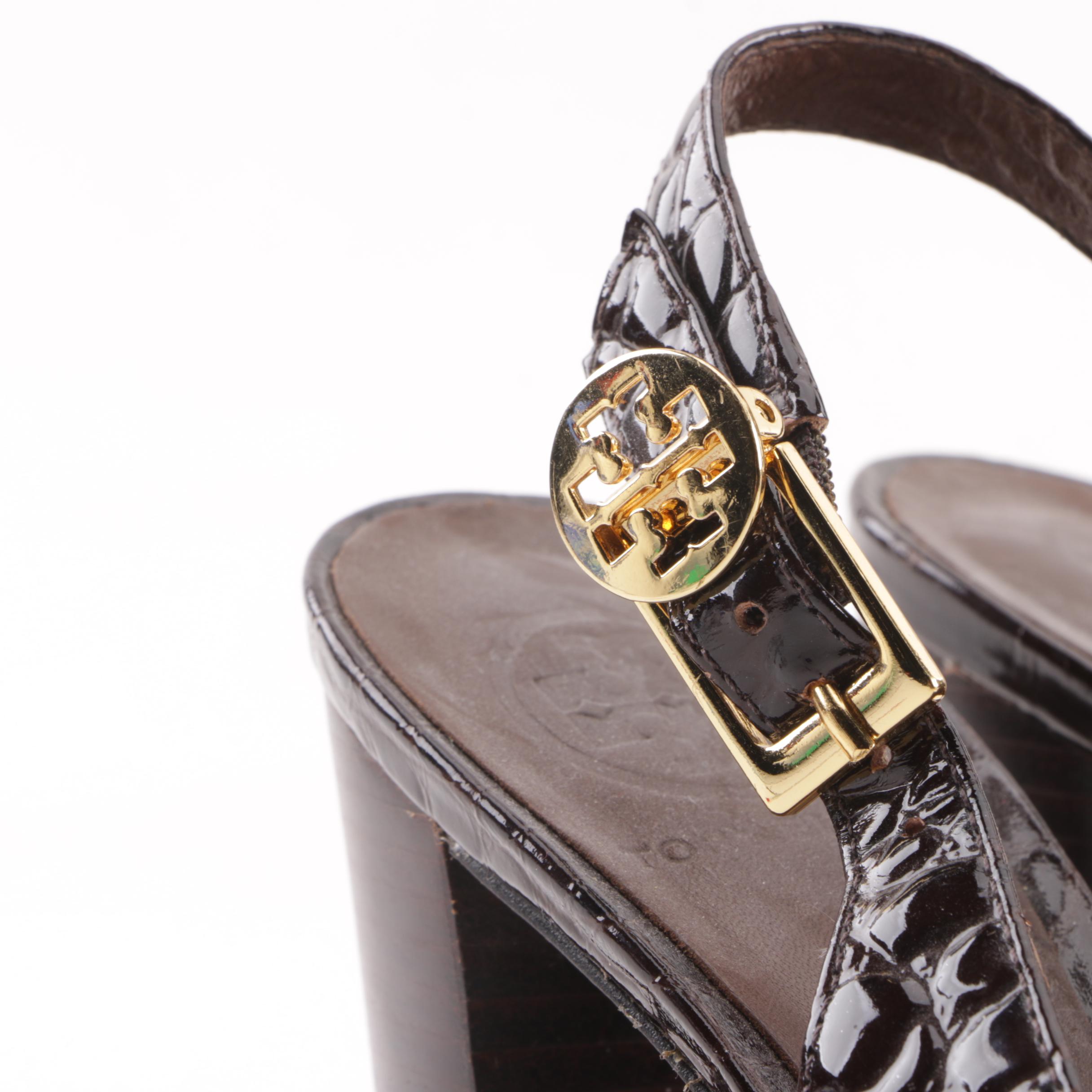 Tory Burch Brown Embossed Brown Patent Leather Slingback Sandals