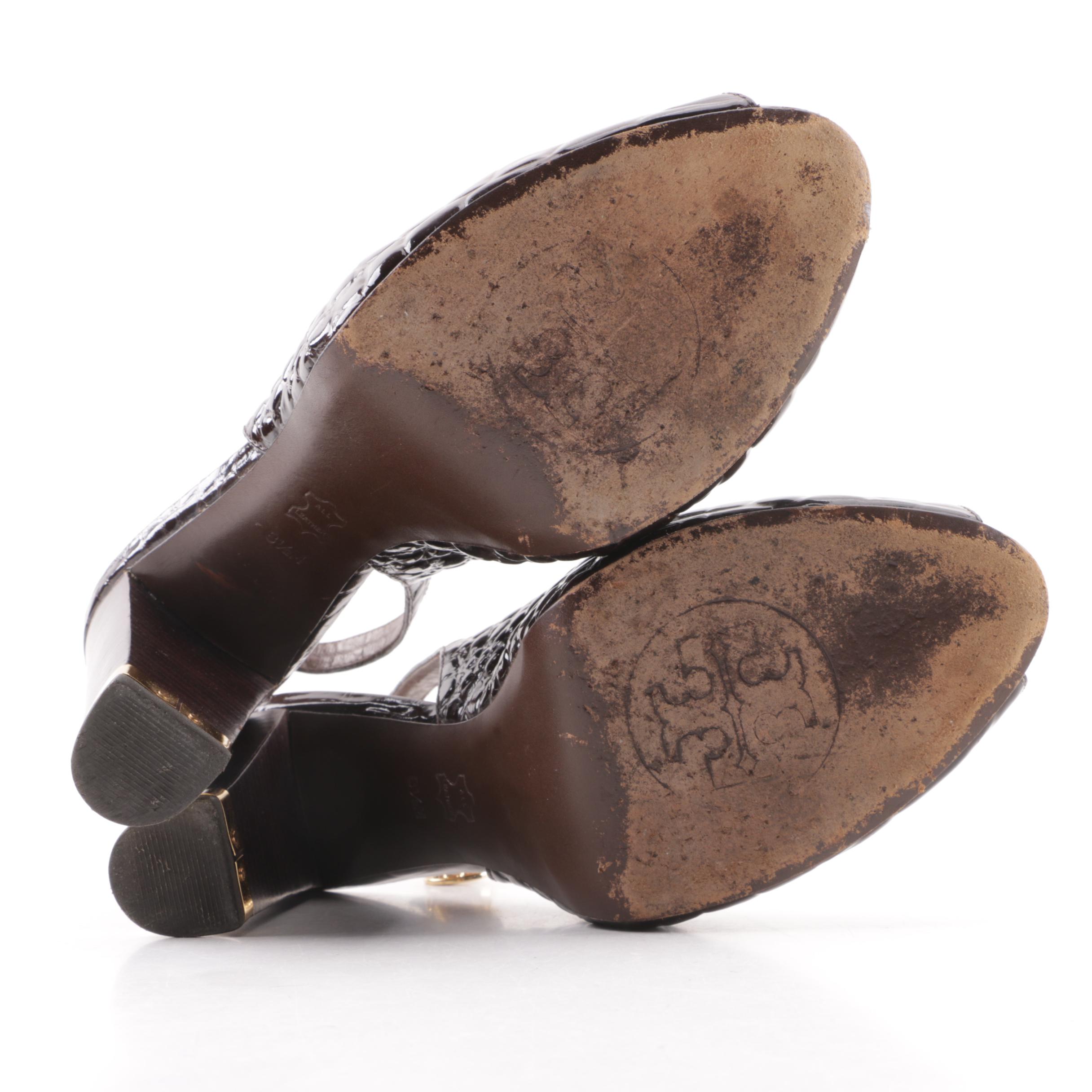 Tory Burch Brown Embossed Brown Patent Leather Slingback Sandals