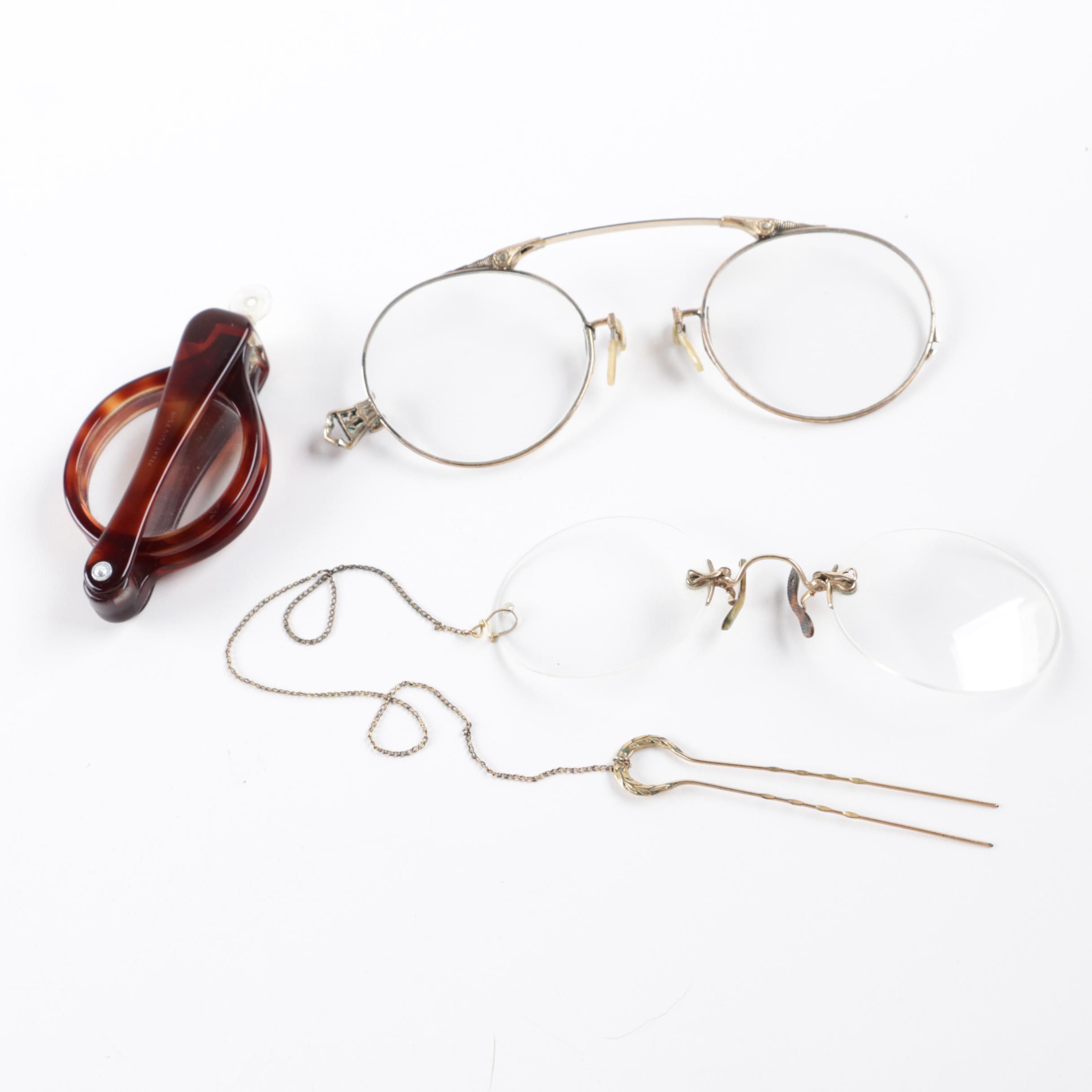 Vintage Pince-nez Eyeglasses and Folding Opera Glasses