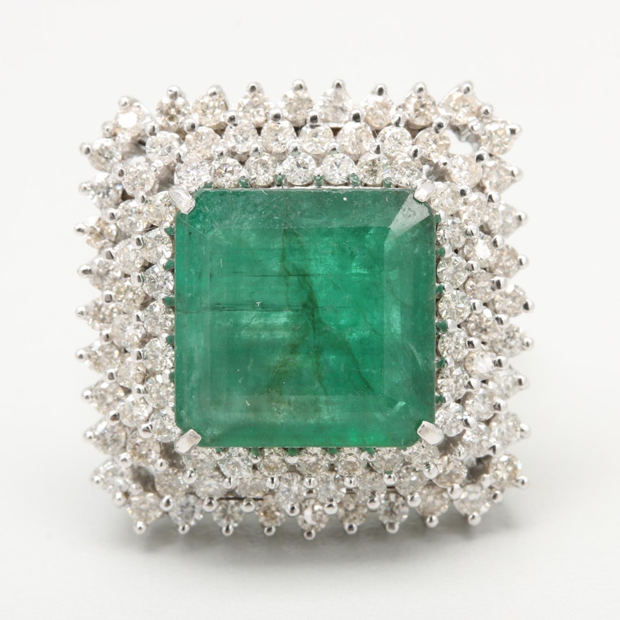 18K White Gold 5.71 CT Emerald and 1.78 CTW Diamond Cocktail Ring