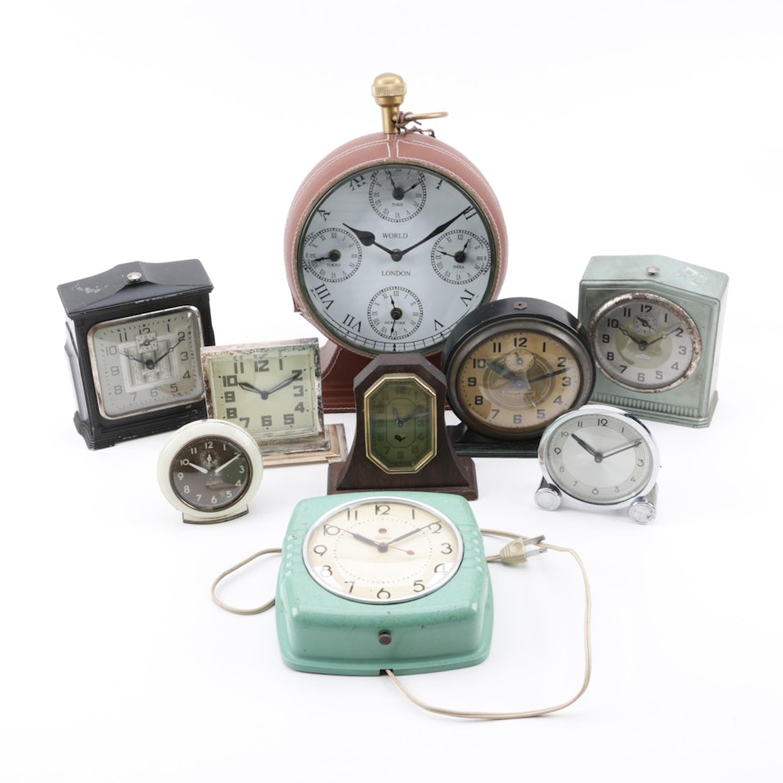 Desk and Wall Clocks including Ingraham, Telechrom, and Pottery Barn