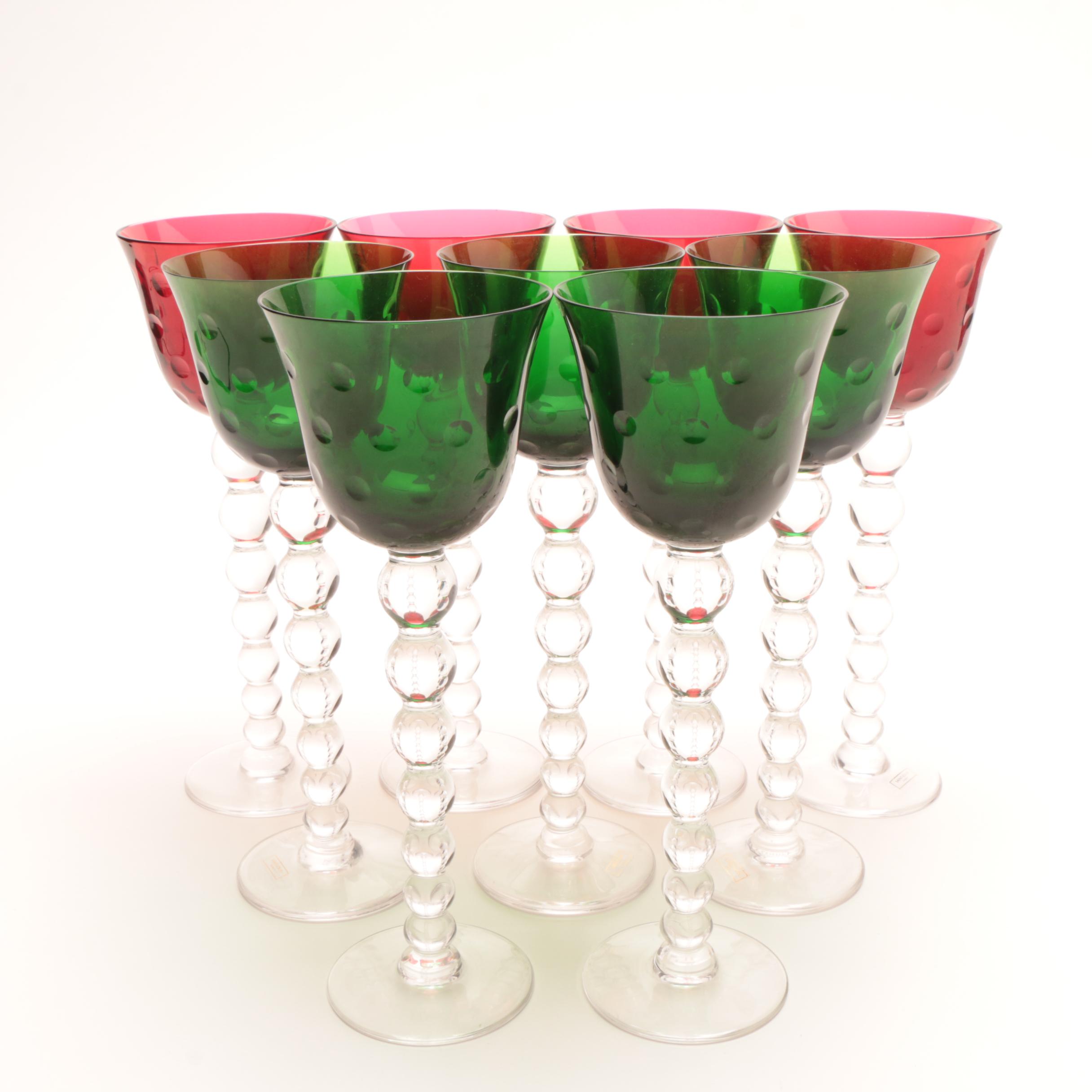 Saint Louis Crystal "Bubbles" Green and Red Hock Wine Glasses