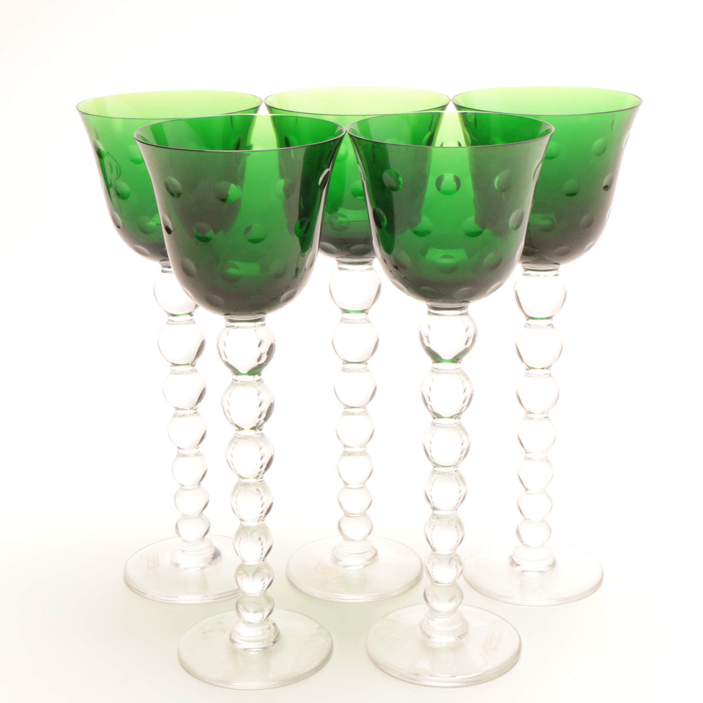 Saint Louis Crystal "Bubbles" Green and Red Hock Wine Glasses