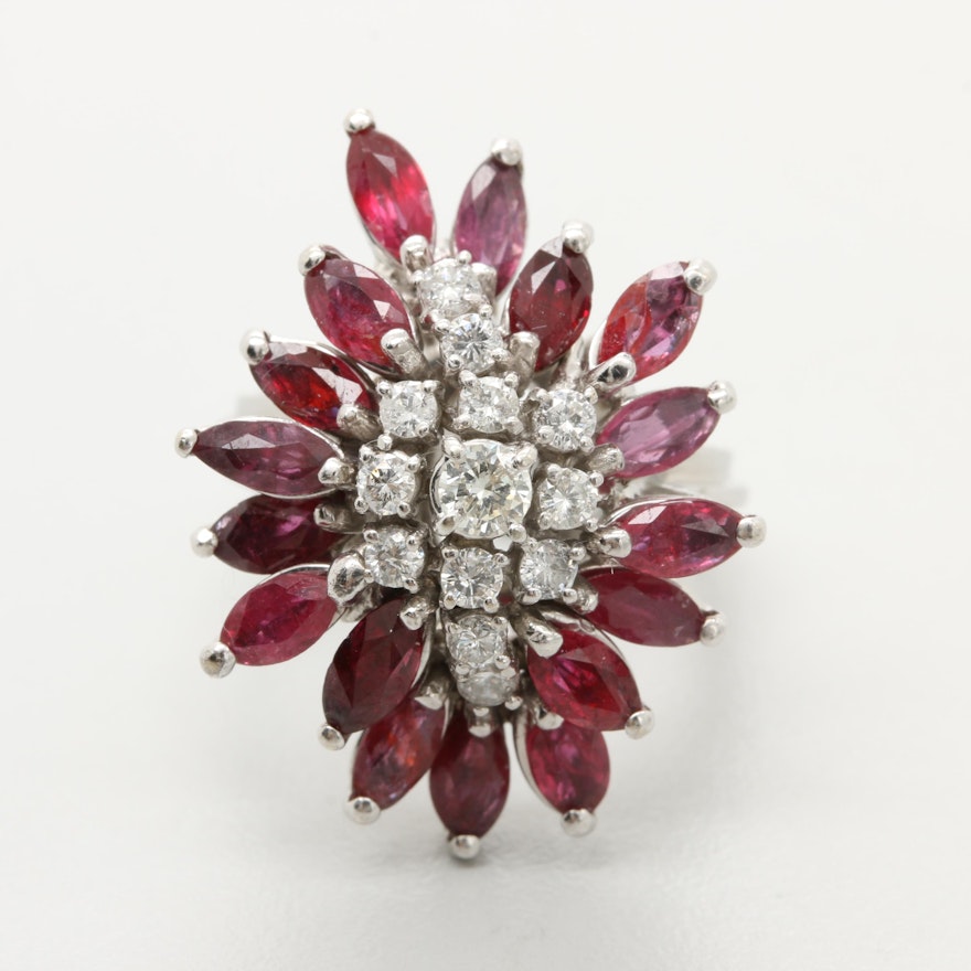 14K White Gold Diamond and Ruby Ring