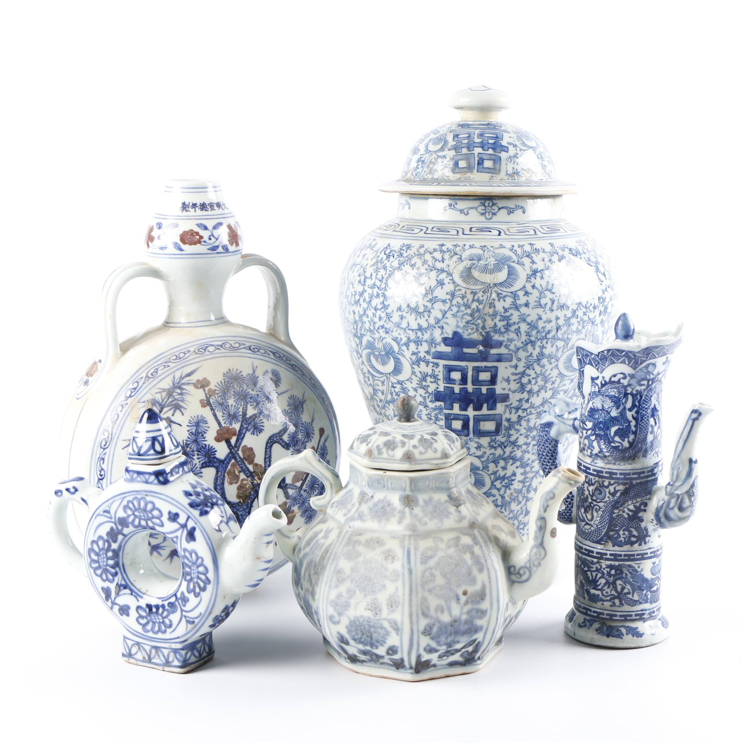 Chinese Hand-Painted Blue and White Porcelain Teapots, Vase, and Ginger Jar