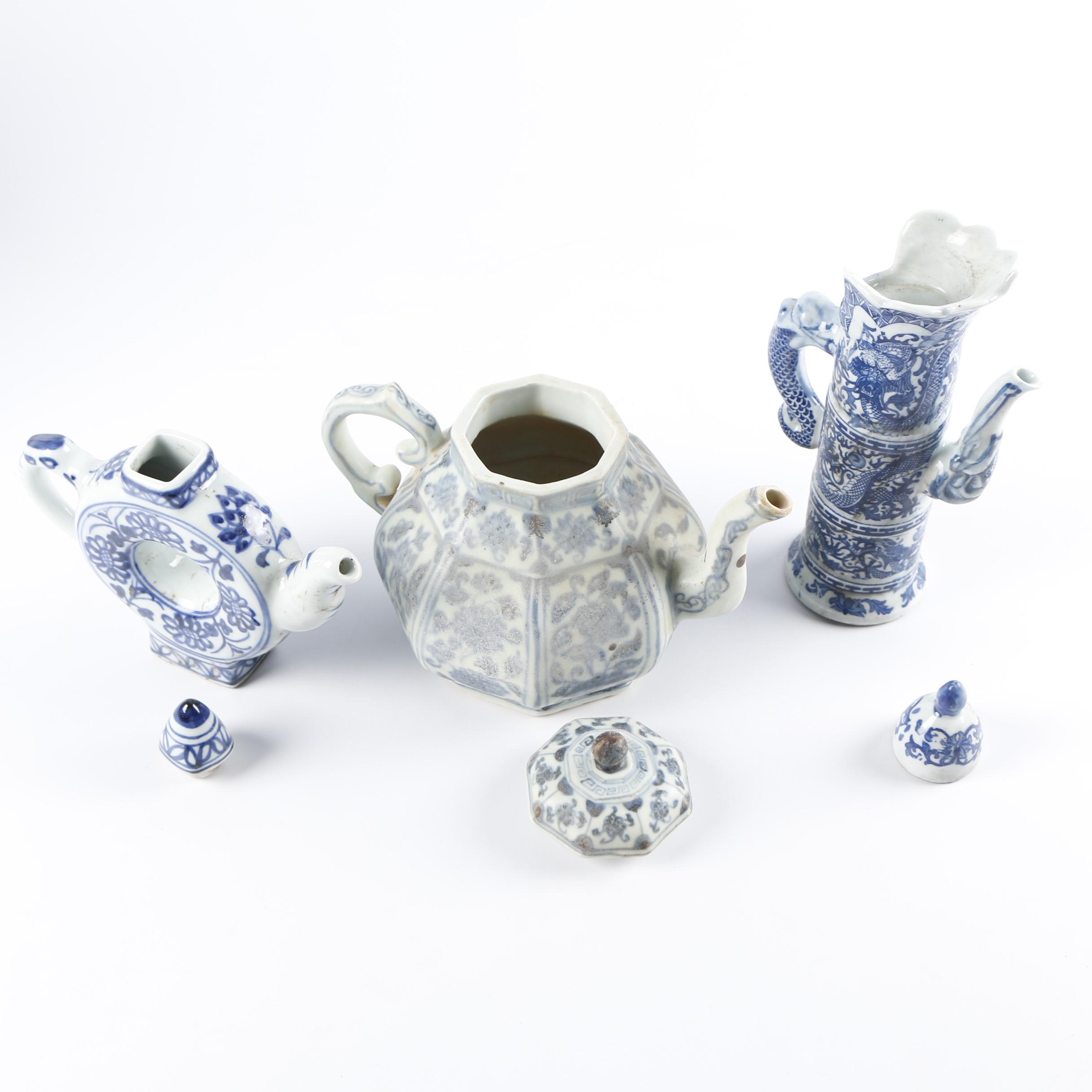 Chinese Hand-Painted Blue and White Porcelain Teapots, Vase, and Ginger Jar