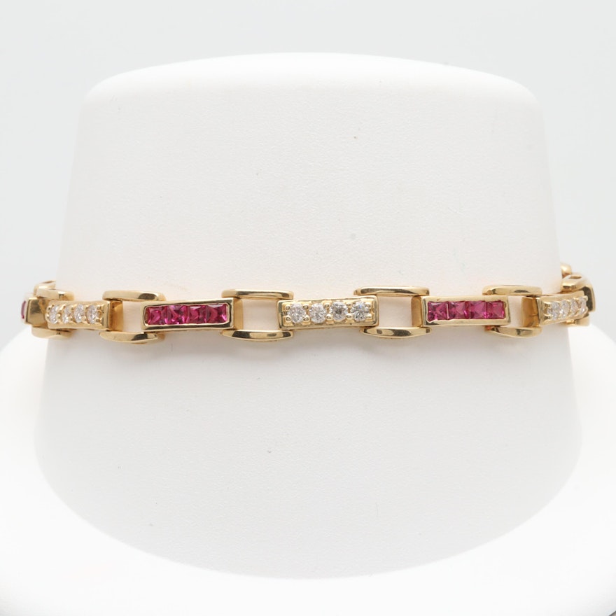 14K Yellow Gold Diamond and Synthetic Ruby Bracelet
