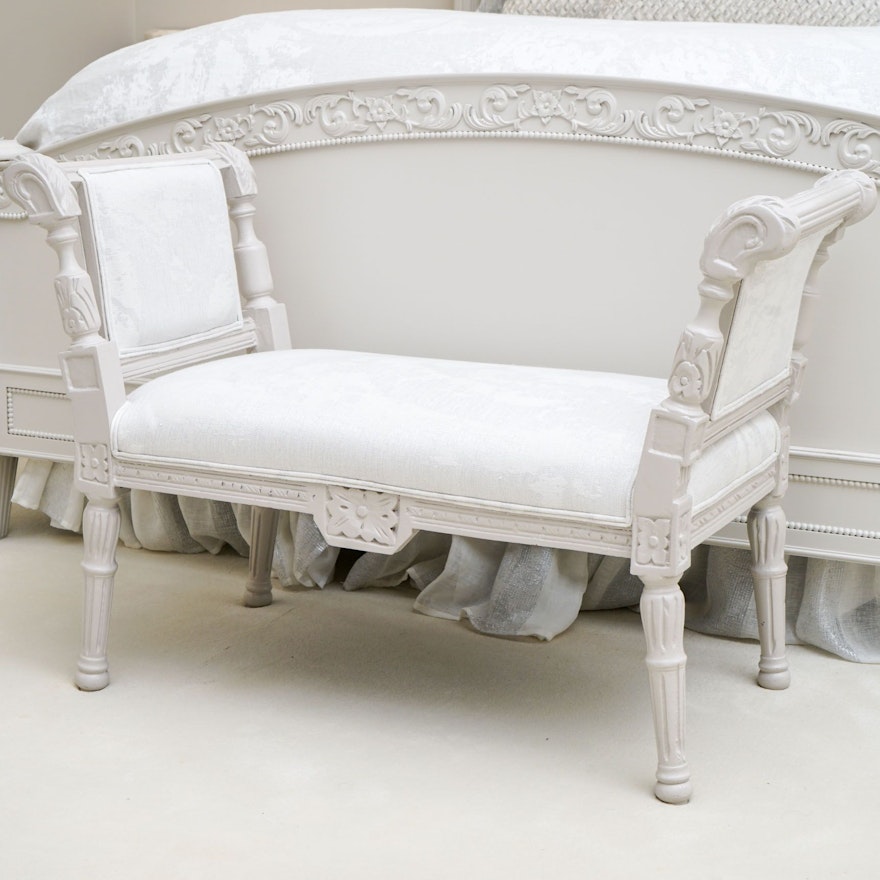 White Upholstered Louis XVI Style Meridienne Bench