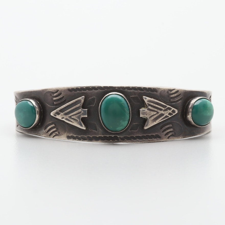 Vintage Southwestern Style Sterling Silver Green Turquoise Cuff Bracelet