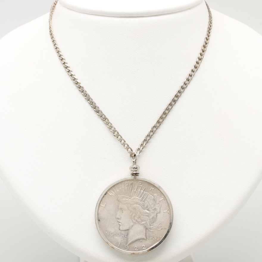 Sterling Silver Chain Necklace With an 1922 Peace Silver Dollar