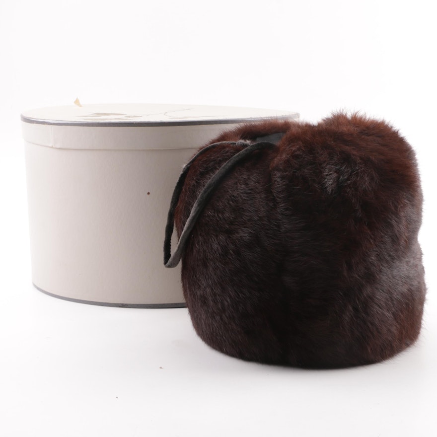 Women's Vintage Dyed Brown Rabbit Muff with Hat Box