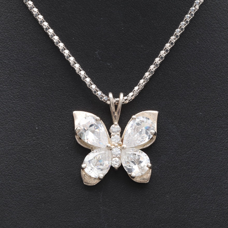 Sterling Silver Cubic Zirconia Butterfly Pendant Necklace