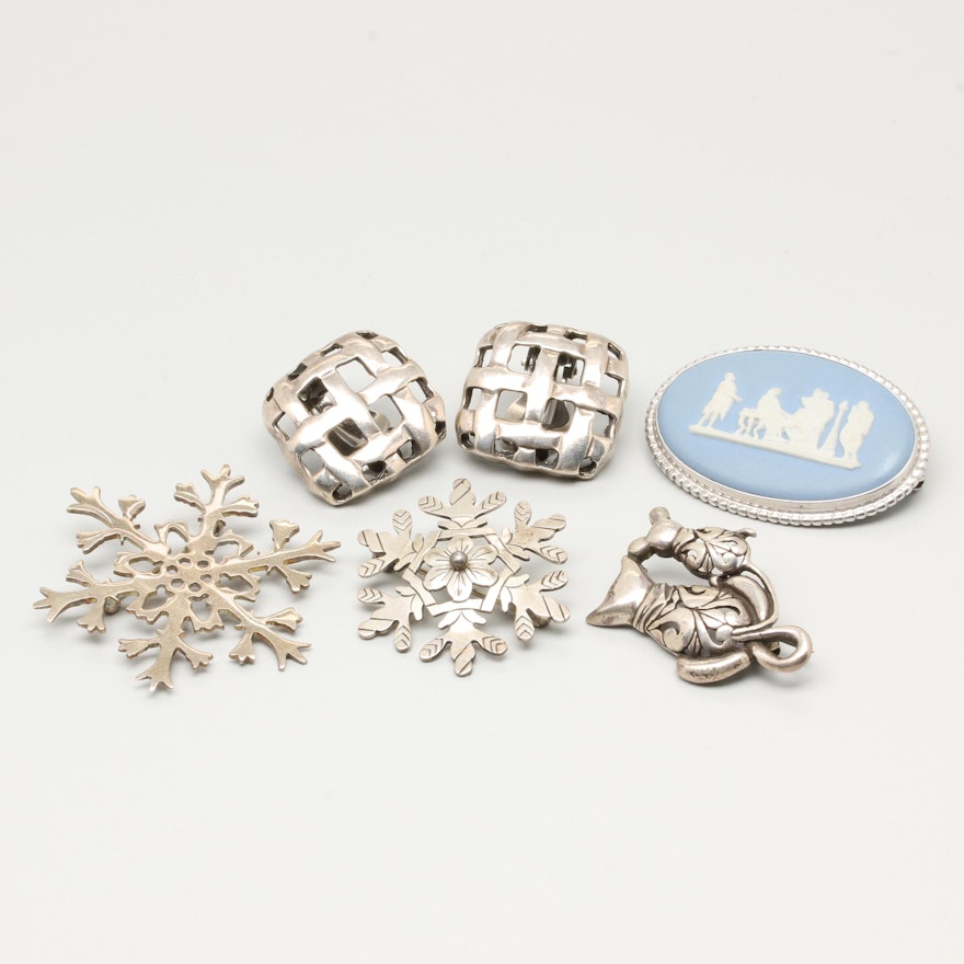 Sterling Silver Earrings and Brooches Featuring Wedgwood