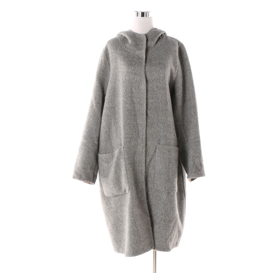 Women's Eileen Fisher Grey Baby Alpaca and Wool Blend Knit Hooded Coat