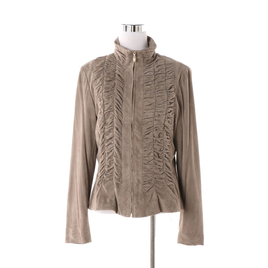 Women's St. John Ruched Goat Suede Jacket in Pewter