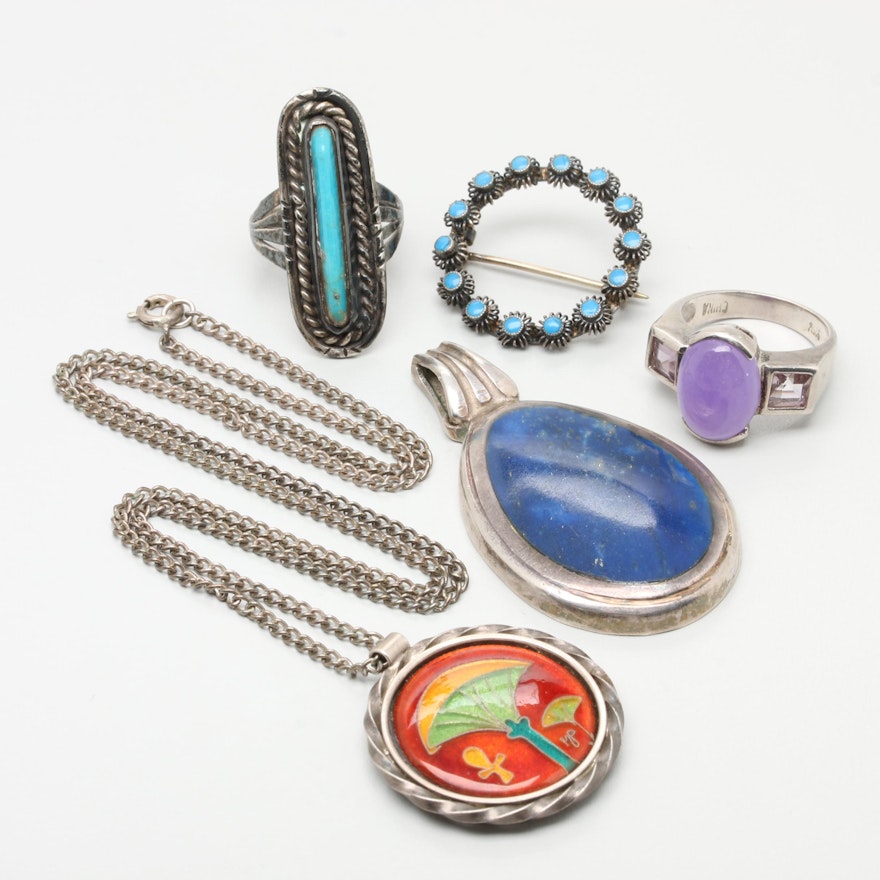 Sterling Silver Jewelry Including Lapis Lazuli, Jadeite, and Turquoise