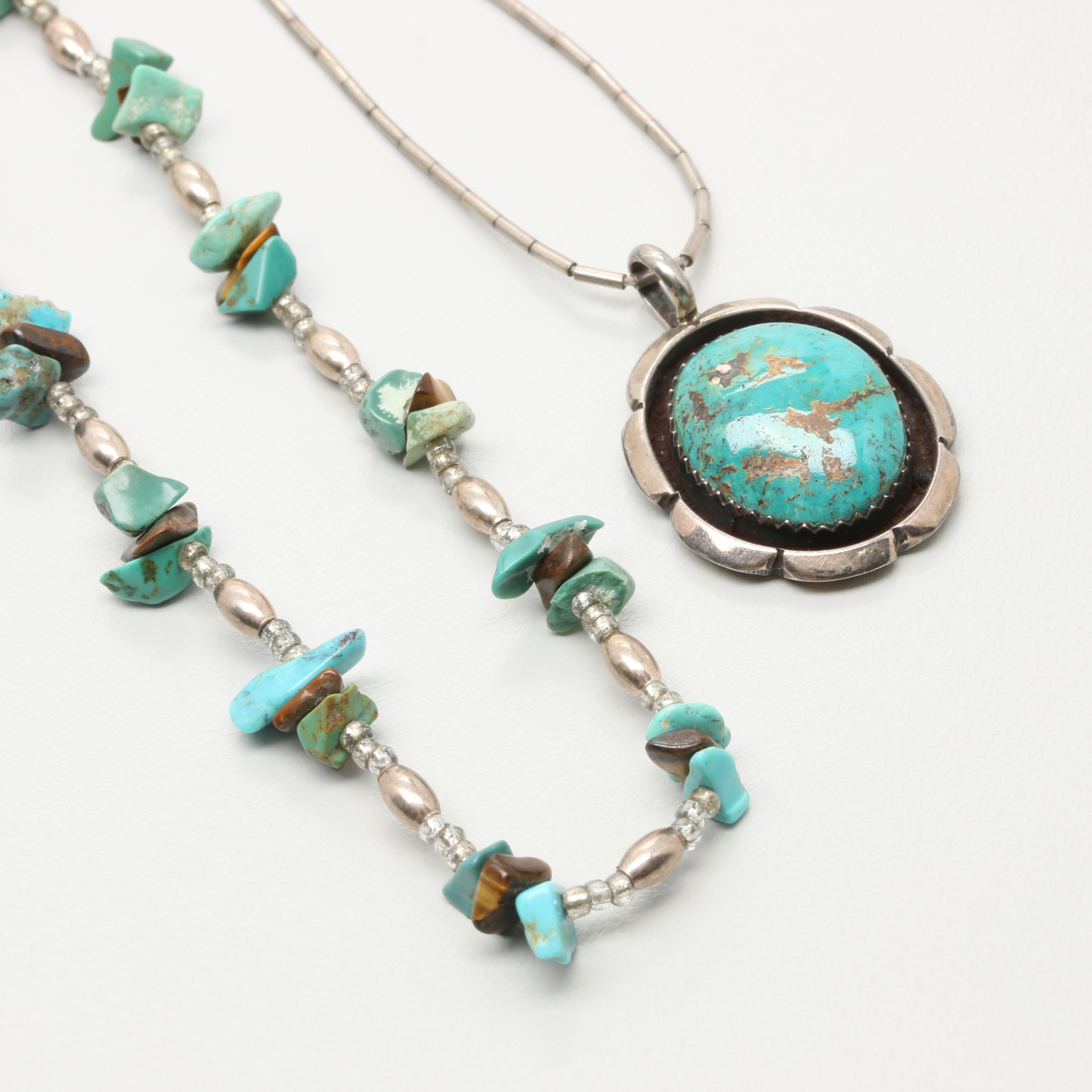 Southwestern Style Sterling Silver Necklaces Including Turquoise and Tiger's Eye