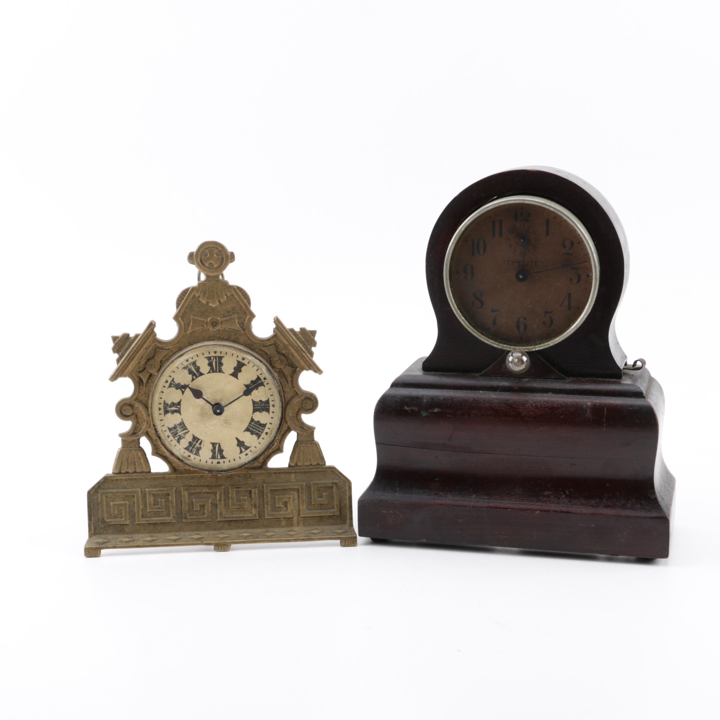 Vintage F. W. Jansen "TimeLite" Mantel Clock and Gold Metallic Alarm Clock