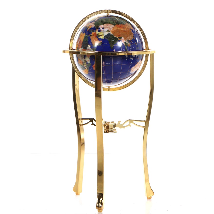 Standing Floor Globe with Stone Inlay and Brass Stand