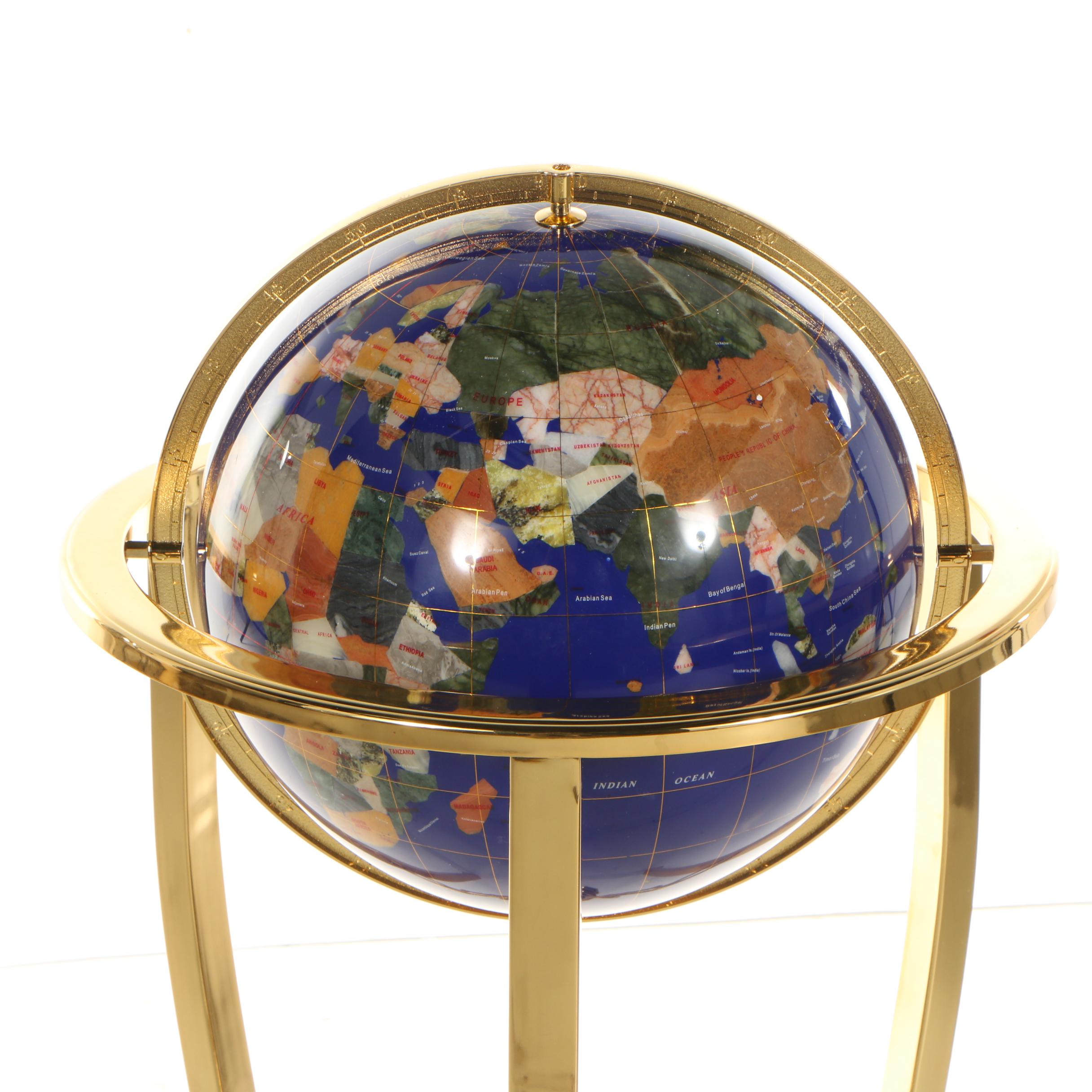 Standing Floor Globe with Stone Inlay and Brass Stand