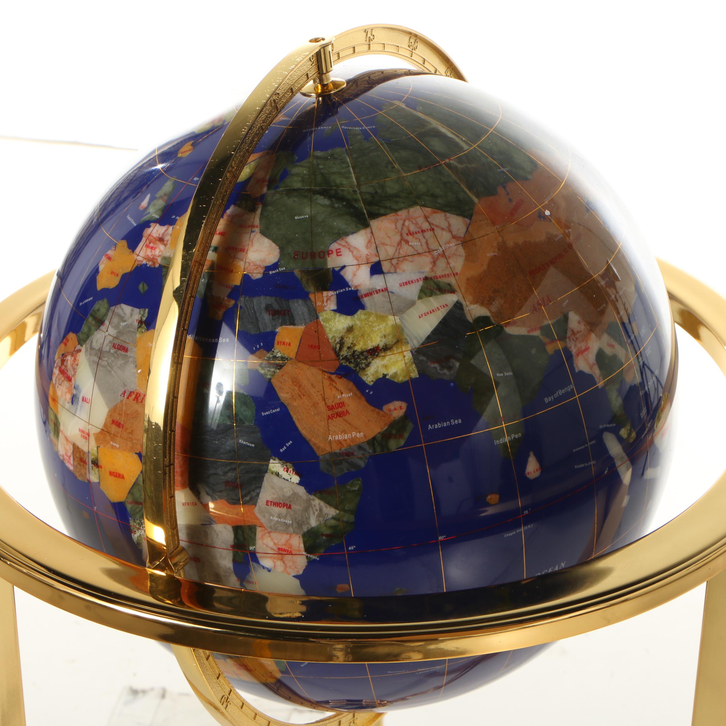 Standing Floor Globe with Stone Inlay and Brass Stand