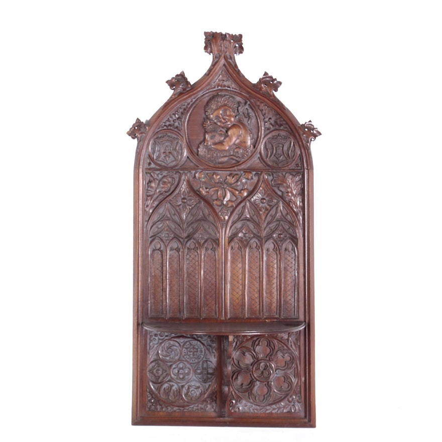 Gothic Revival Walnut Ecclesiastical Wall Panel with Folding Shelf
