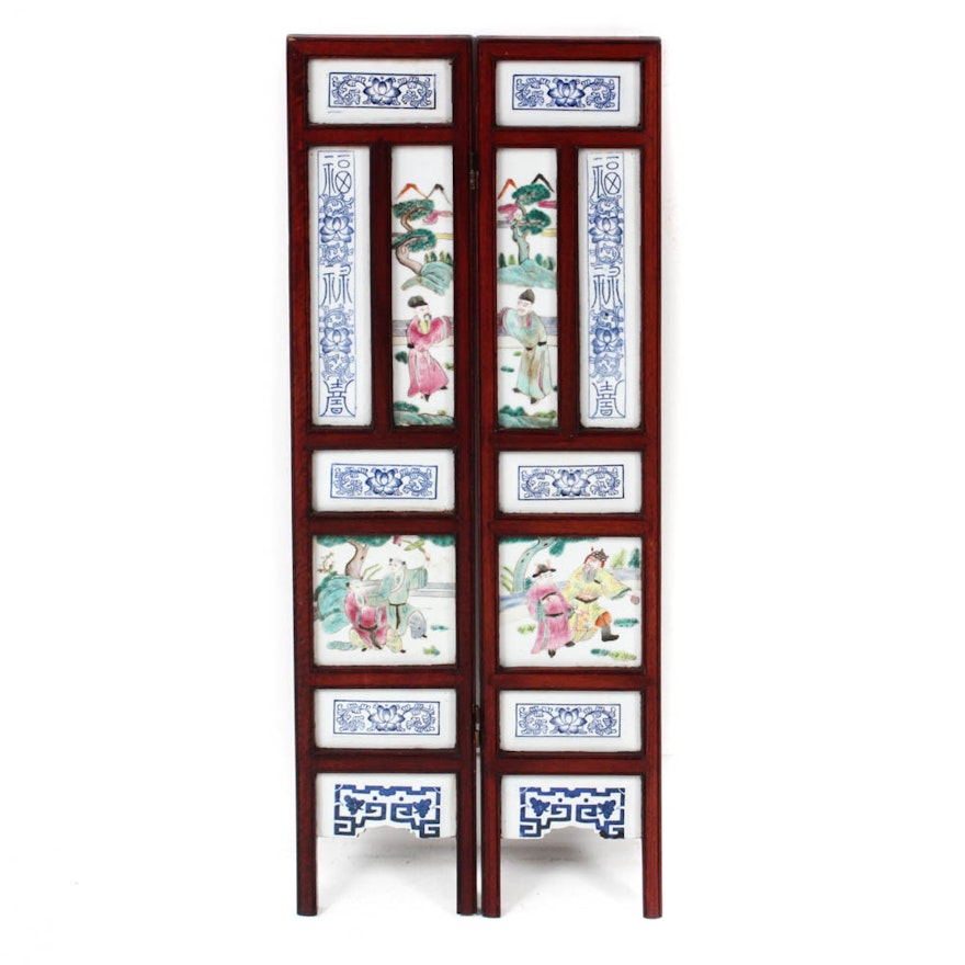 Vintage Chinese Famille Rose Porcelain Screen with Wooden Frame