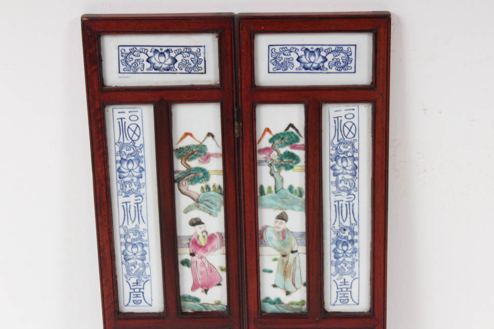 Vintage Chinese Famille Rose Porcelain Screen with Wooden Frame