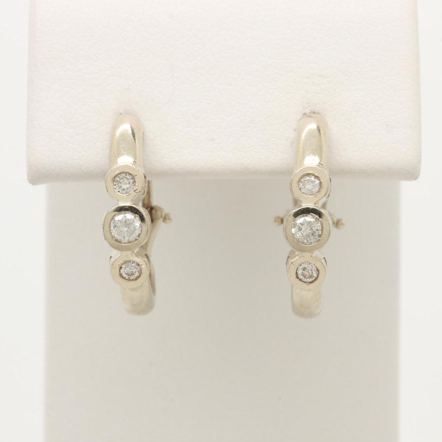 14K White Gold Diamond Half Hoop Earrings