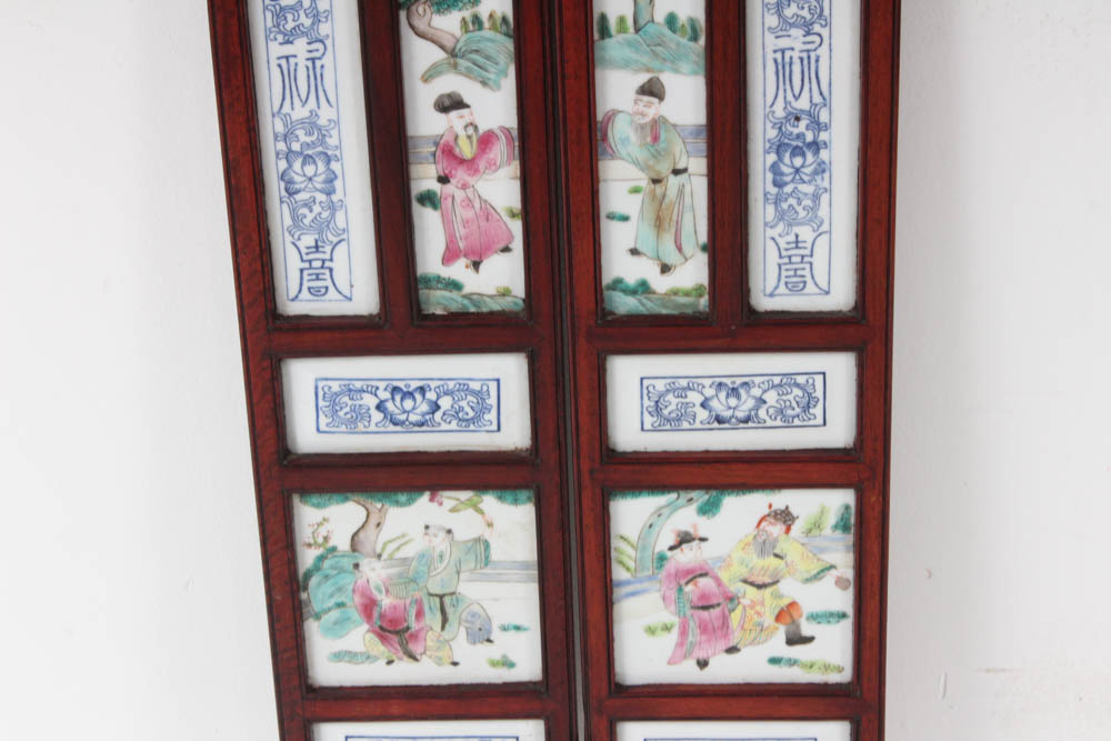 Vintage Chinese Famille Rose Porcelain Screen with Wooden Frame