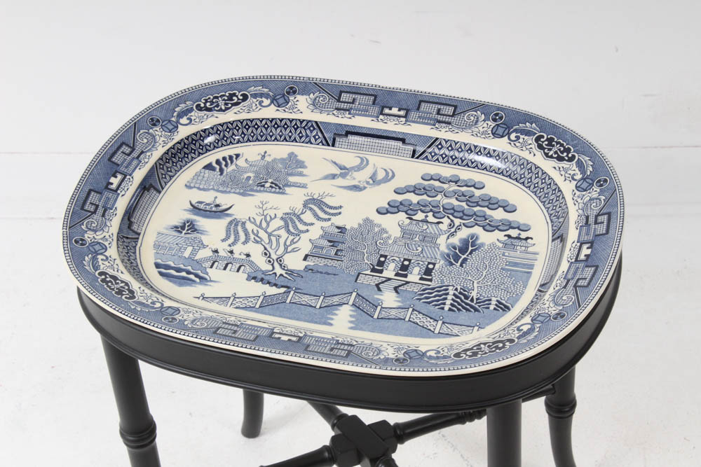 Vintage Blue Willow Ceramic Platter on Faux Bamboo Stand
