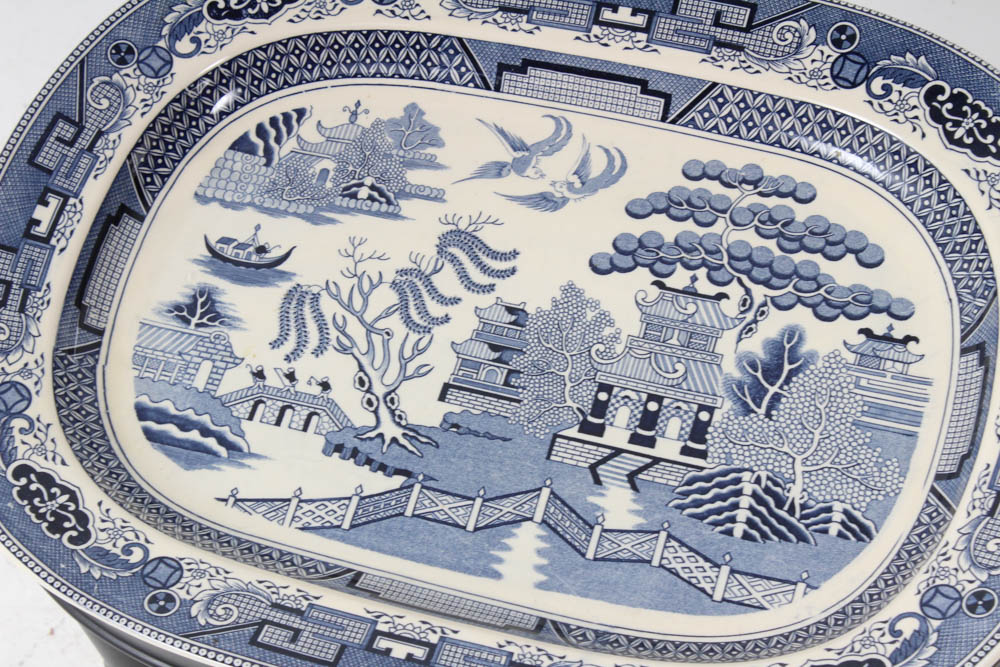 Vintage Blue Willow Ceramic Platter on Faux Bamboo Stand