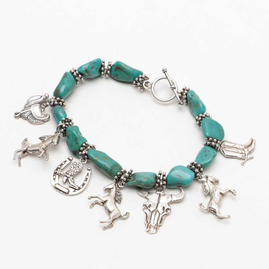 Southwest Style Sterling Silver Charm and Dyed Howlite Bracelet