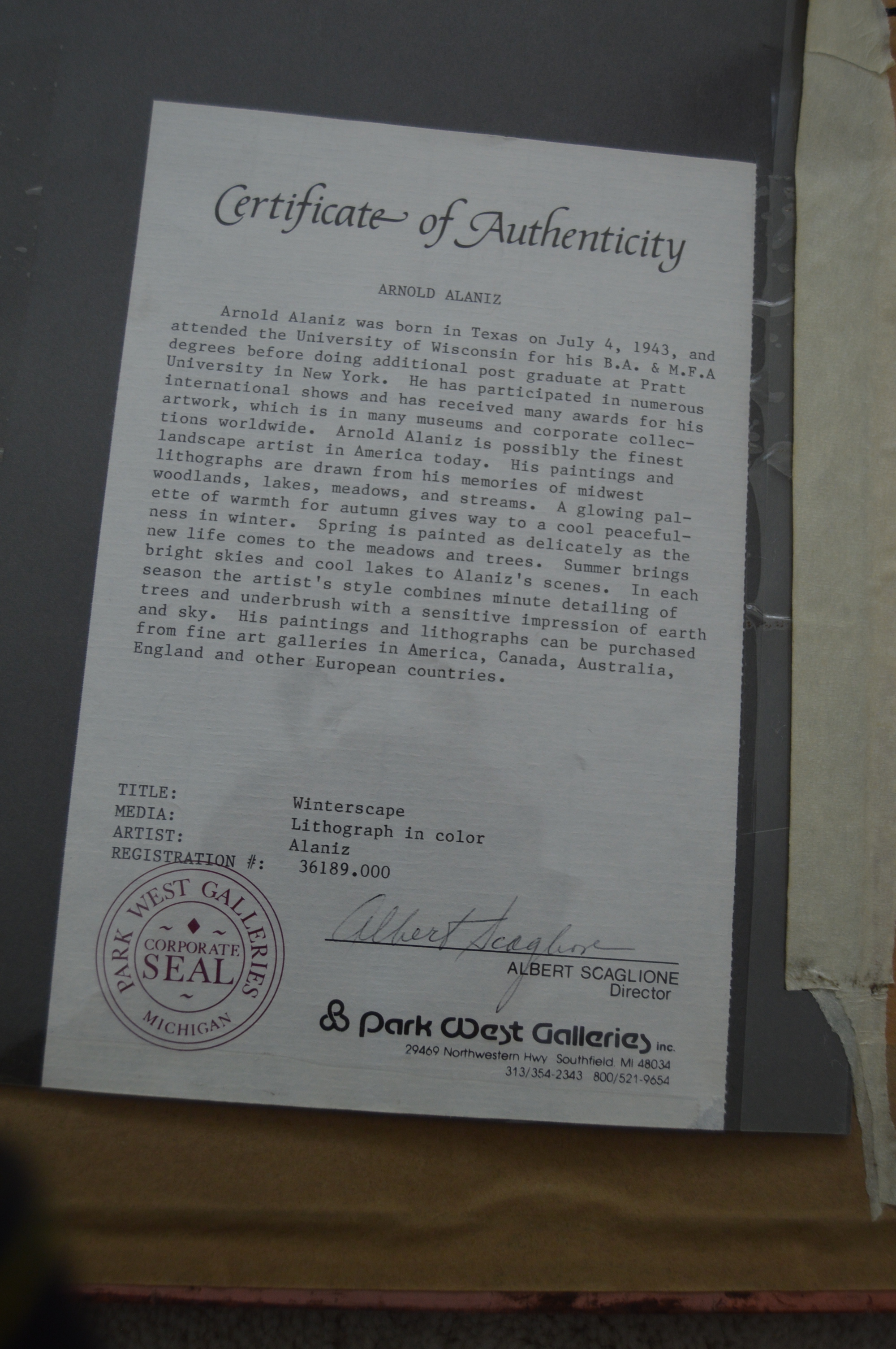 Arnold Alaniz Offset Lithograph "Winterscape"