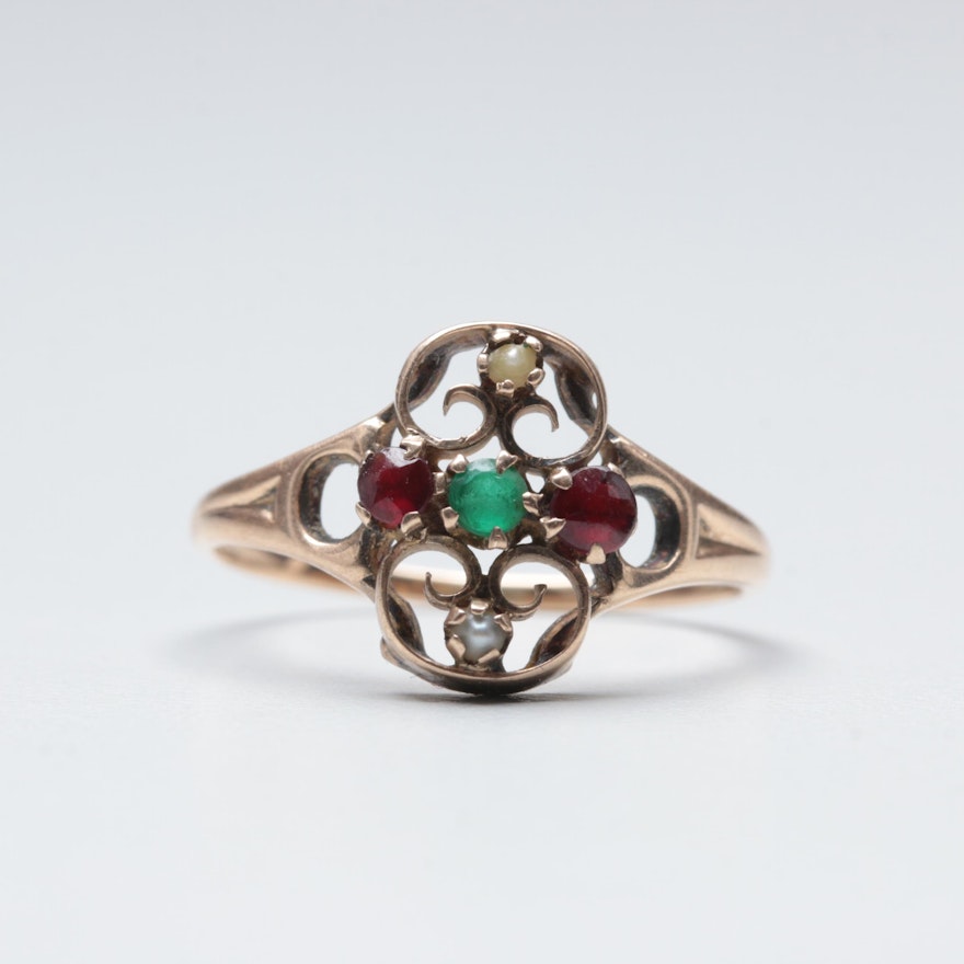 Victorian 10K Yellow Gold Glass, Garnet and Seed Pearl Ring