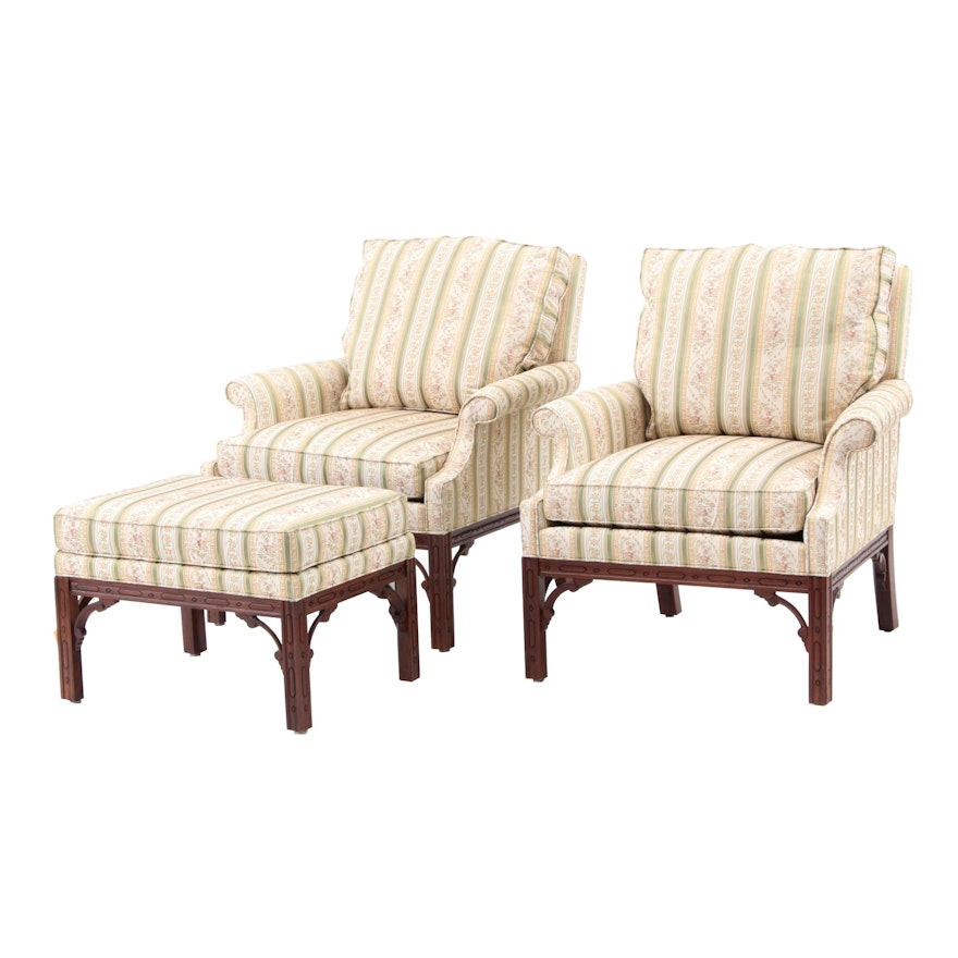 Pair of Chippendale Style Lounge Chairs with Ottoman