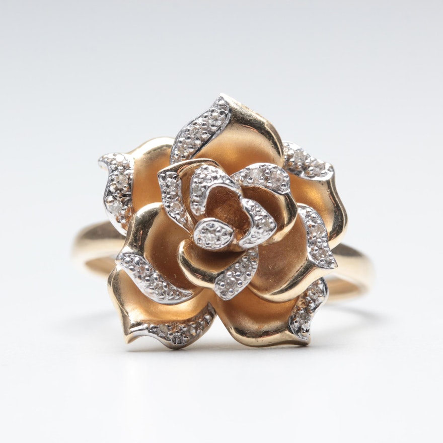 14K Yellow Gold Diamond Rose Ring