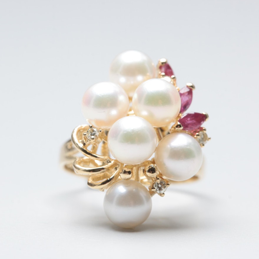 14K Yellow Gold Cultured Pearl, Diamond and Ruby Ring