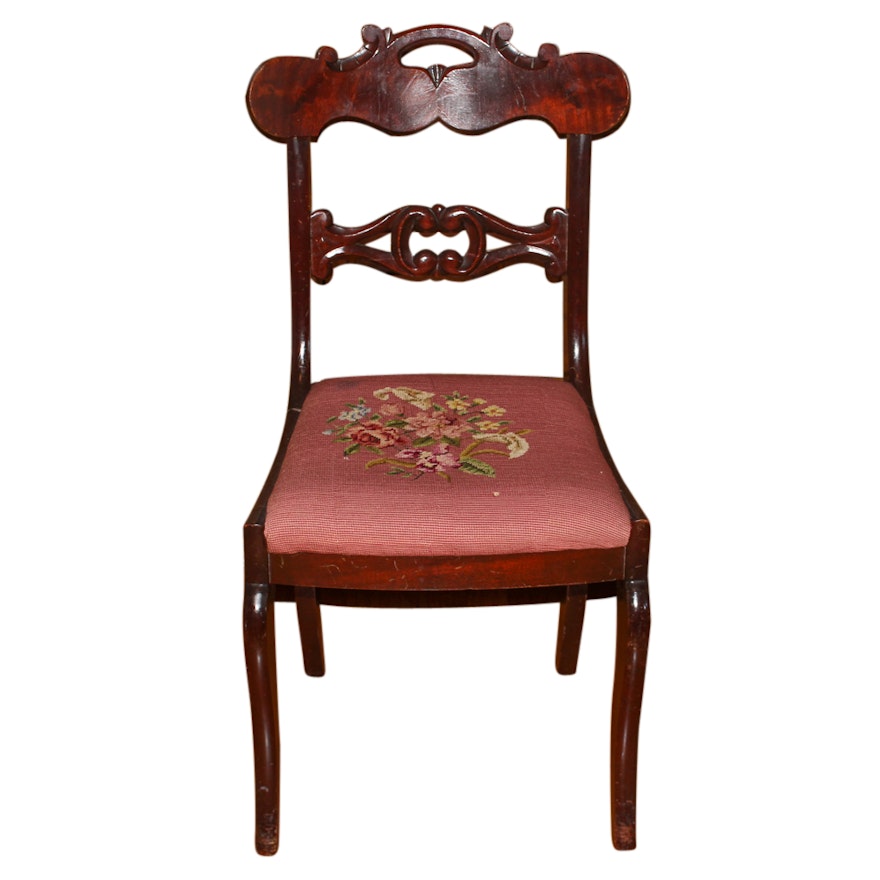 Vintage Victorian Style Mahogany Side Chair with Needlepoint Seat