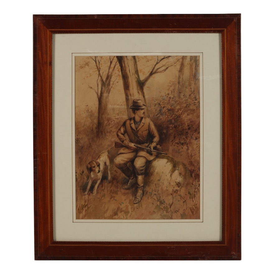 Hauser Watercolor Painting "Hunter with Dog"