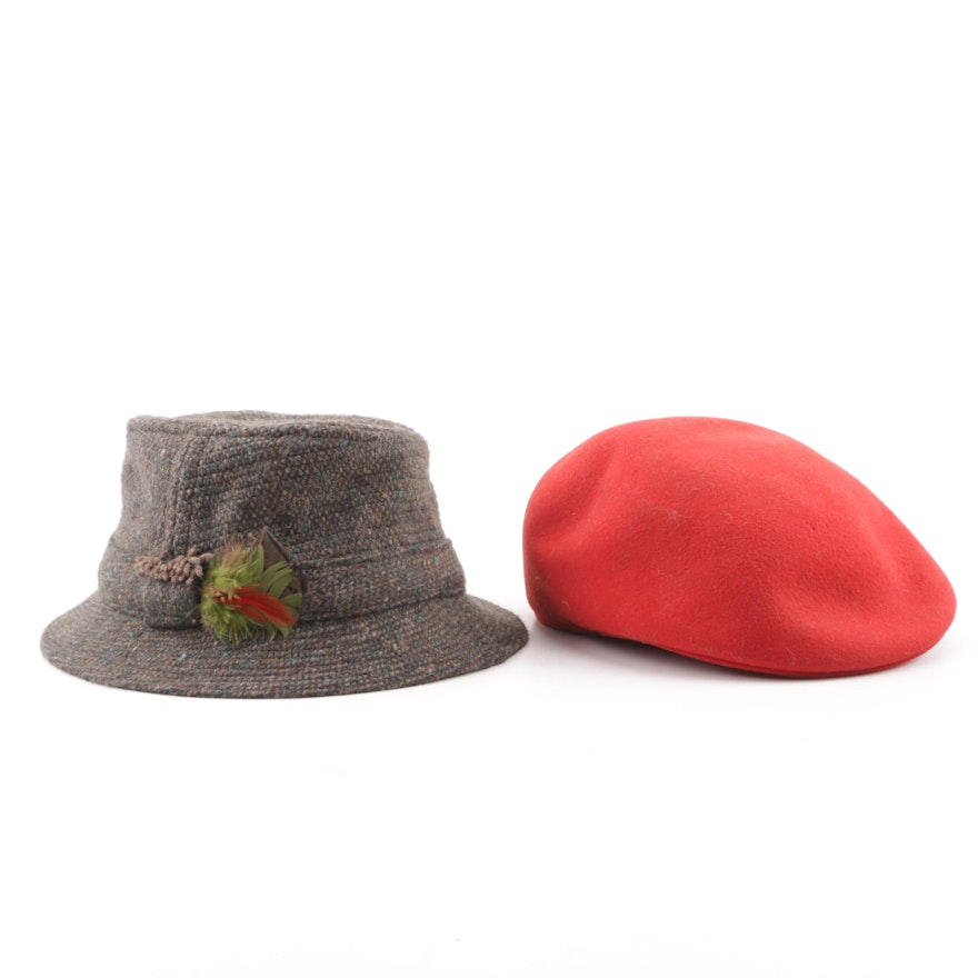 Feathered Wool Bucket Hat and Red Wool Ascot Cap