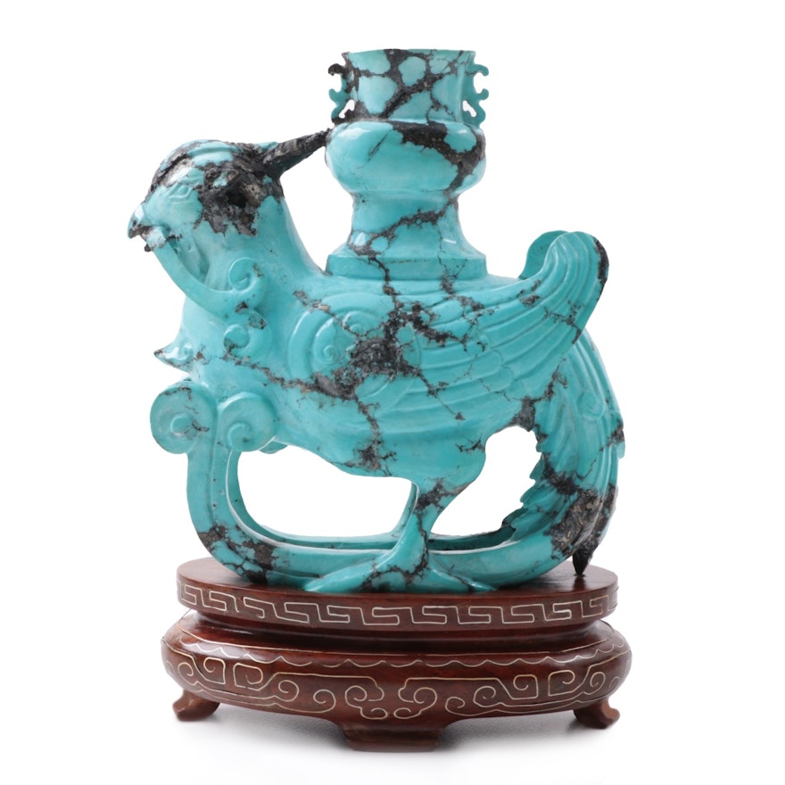 Chinese Turquoise Dyed Howlite Carved Phoenix Incense Burner