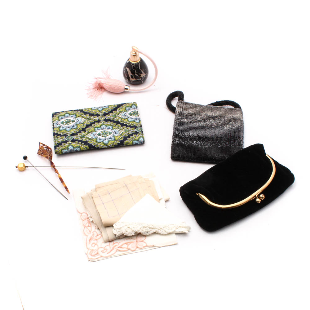 Women's Vintage Accessories Including Perfume Bottle, Hat Pins and Purses