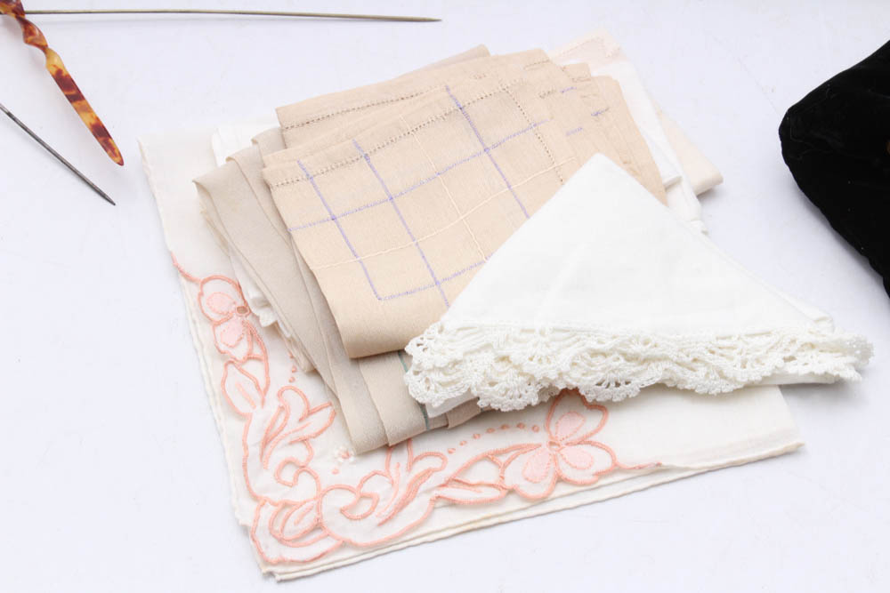 Women's Vintage Accessories Including Perfume Bottle, Hat Pins and Purses