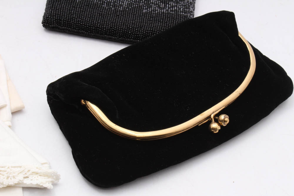 Women's Vintage Accessories Including Perfume Bottle, Hat Pins and Purses