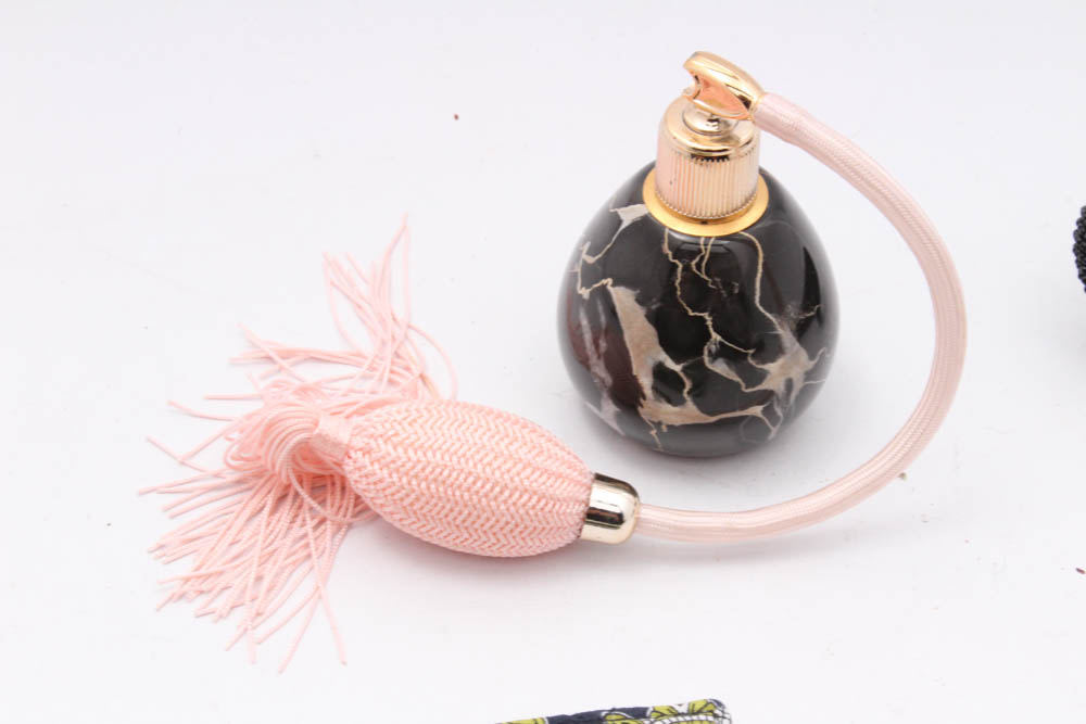 Women's Vintage Accessories Including Perfume Bottle, Hat Pins and Purses
