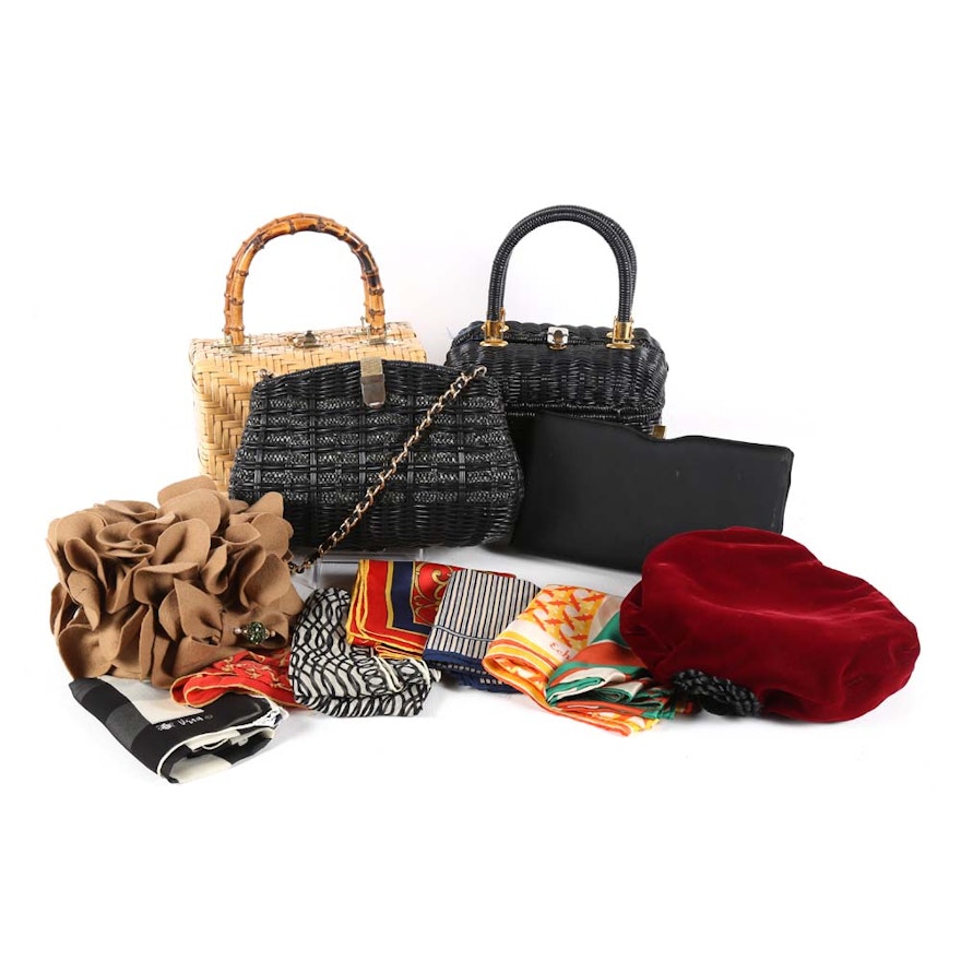 Women's Vintage Accessories Including Handbags, Scarves and an Adolfo II Hat