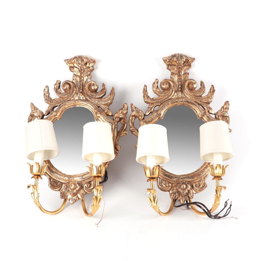 Gilt Wood and Gesso Mirrored Wall Sconces with Metalwork Arms